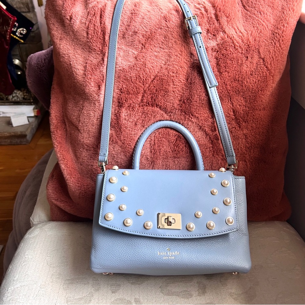 Kate Spade Serrano Place Pearl Shonna Baby Blue Leather Turnlock Flap Crossbody - Picture 11 of 13